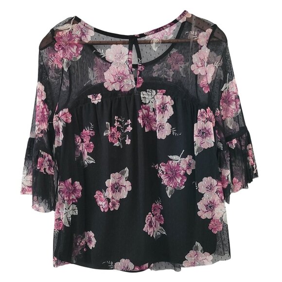 No Boundaries Mesh Floral Blouse Juniors Size M (7-9) Black Pink Whimsigoth NWT - Picture 2 of 11
